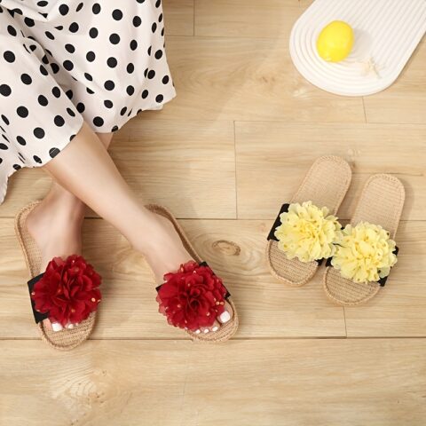 Chanclas De Lino Con Flores Grandes Para Mujer, Chanclas Planas Informales Para Interiores Y Exteriores, C??modas Chanclas Antideslizantes